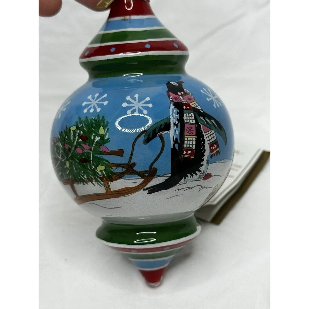 Pier 1 Le Bien Glass Ornament Reverse hand Painted Penguin Tree 2017 Teardrop